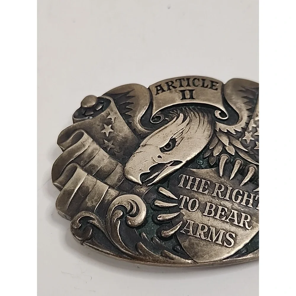 Vintage Article II The Right To Bear Arms‎ Solid Brass Belt Buckle 3.5